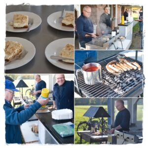 Personen grillen im Freien, servieren Würstchen und Kuchen, lächeln. Grill mit Würstchen und Topf.